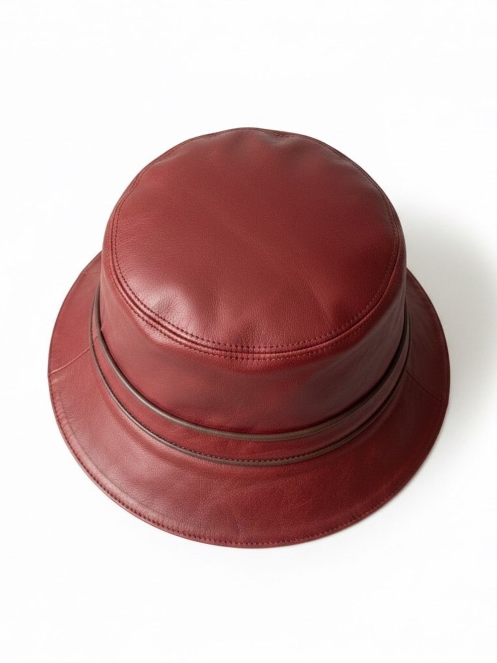 Coach Burgundy Leather Bucket Hat with Brown Trim - Picture 2 of 5